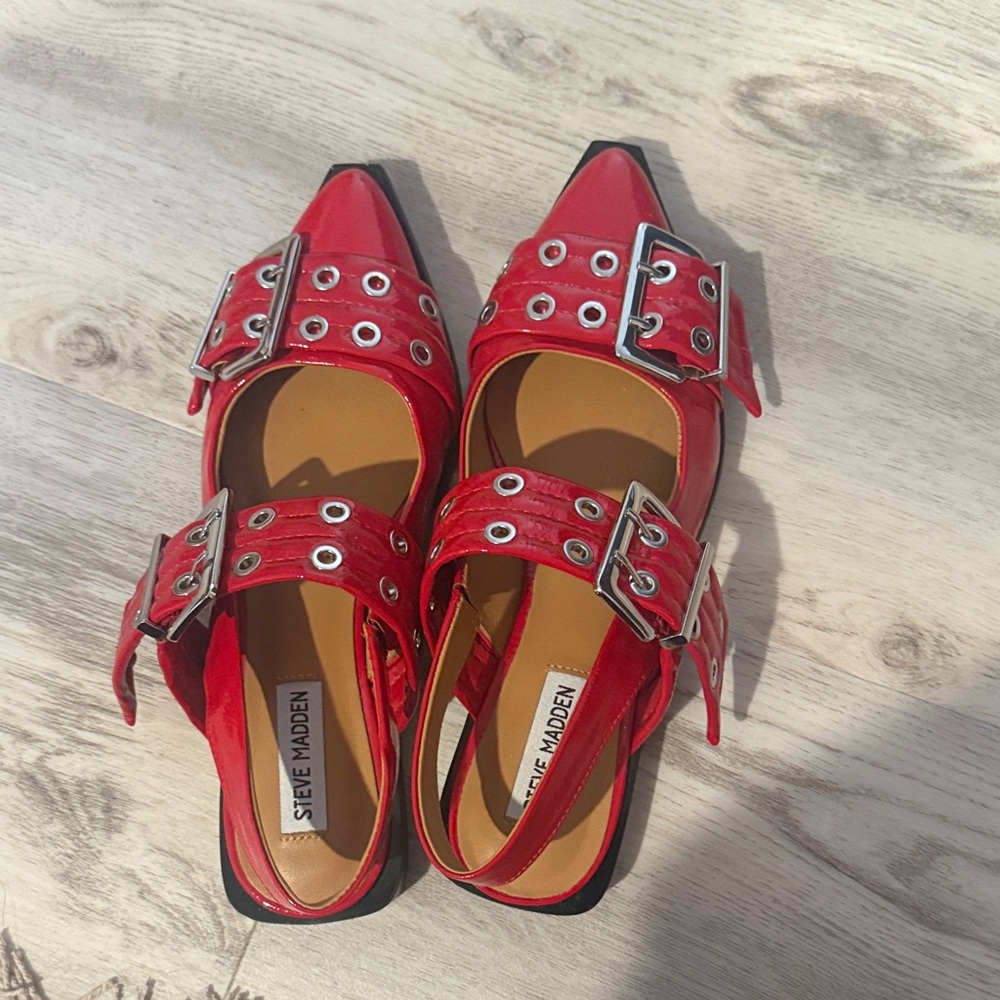 Steve Madden Red Pointed Slingback Flats with Buckle Grommets
